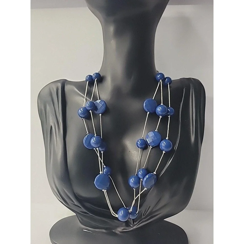 Vintage Blue Bead Multi Strand Silver Tone Necklace‎ Long Layered Statement